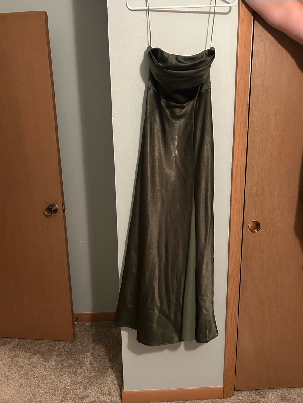 Birdy Grey Olive Green Strapless Satin Maxi Dress